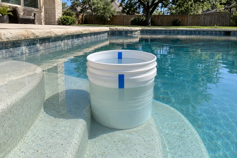 Bucket of pool water on a step, marked for a leak test