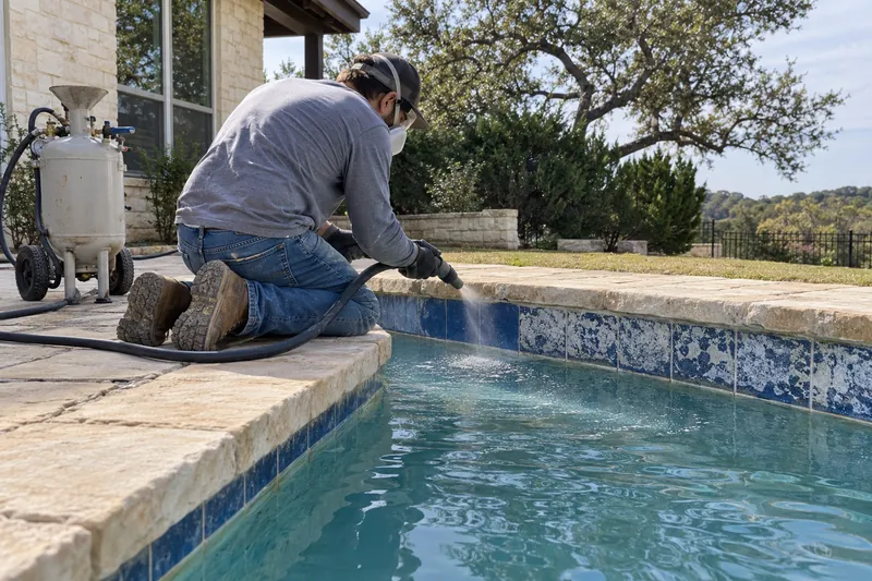 Calcium scale being blasted off pool tile with the water lowered