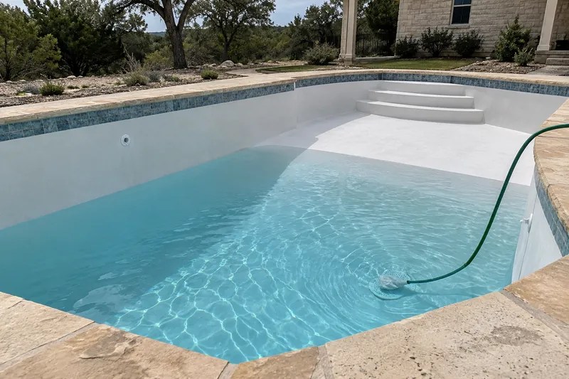 Cloth-wrapped hose filling a freshly plastered pool from the deep end