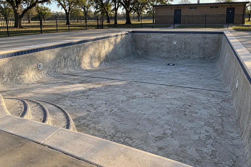 Large drained community pool stripped to bare gunite for resurfacing
