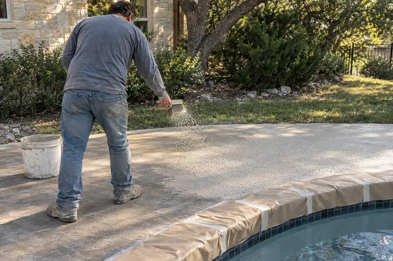 Cool deck topping splashed onto a pool deck from a brush