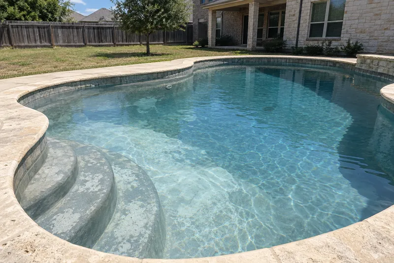 Faded, blotchy gray colored plaster in a backyard pool