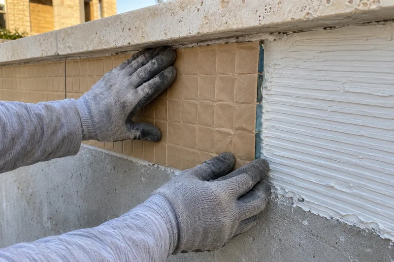 Face-mounted glass tile sheet pressed into thin-set on a pool wall