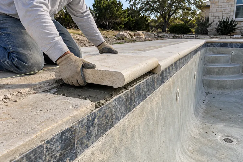 Limestone coping stone set on a mortar bed along a pool edge