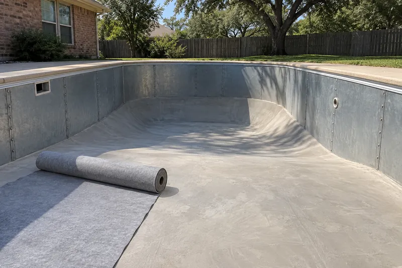 Liner pad laid on the prepared floor of a drained vinyl liner pool