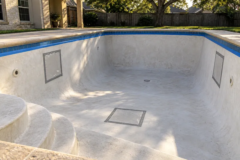 Clear plastic squares taped to a drained pool to test for moisture