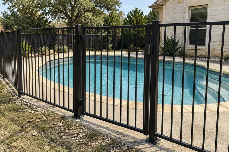 Metal pool fence with a self-latching gate around a backyard pool