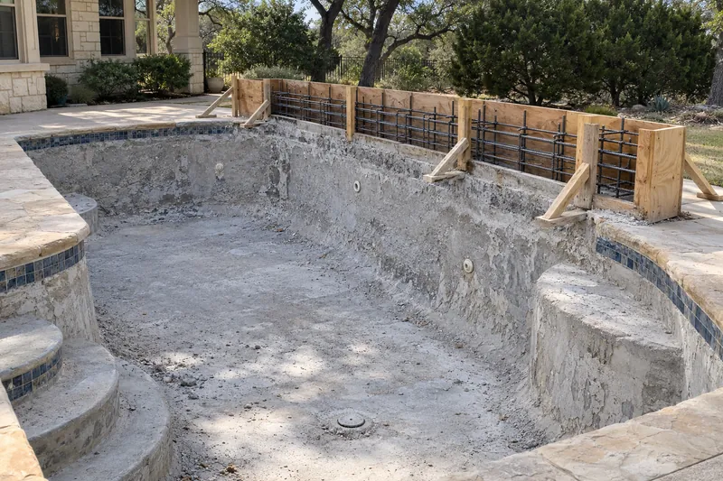 Forms and rebar for a raised wall on an existing pool's bond beam