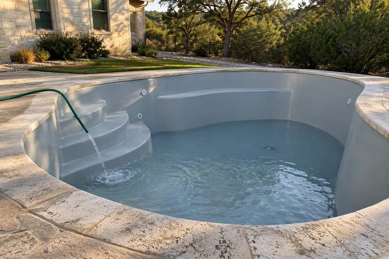 Refinished fiberglass pool refilling with a smooth new coating