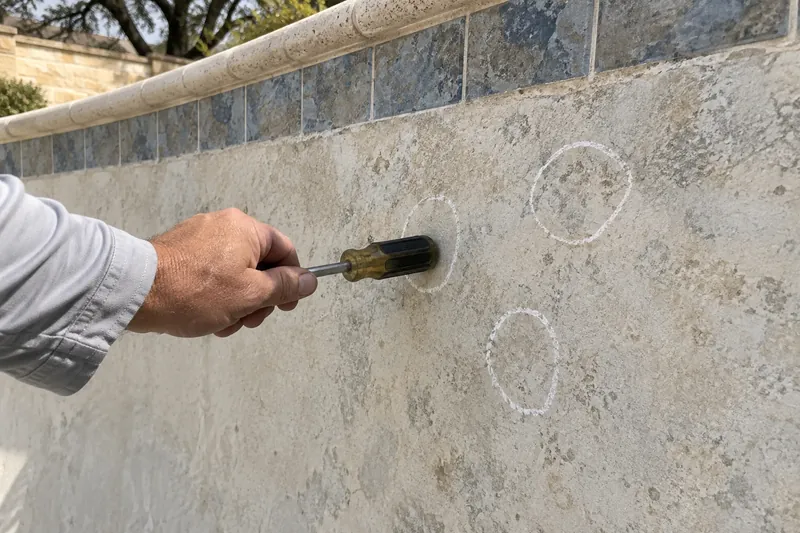 Hand tapping pool plaster to find hollow spots