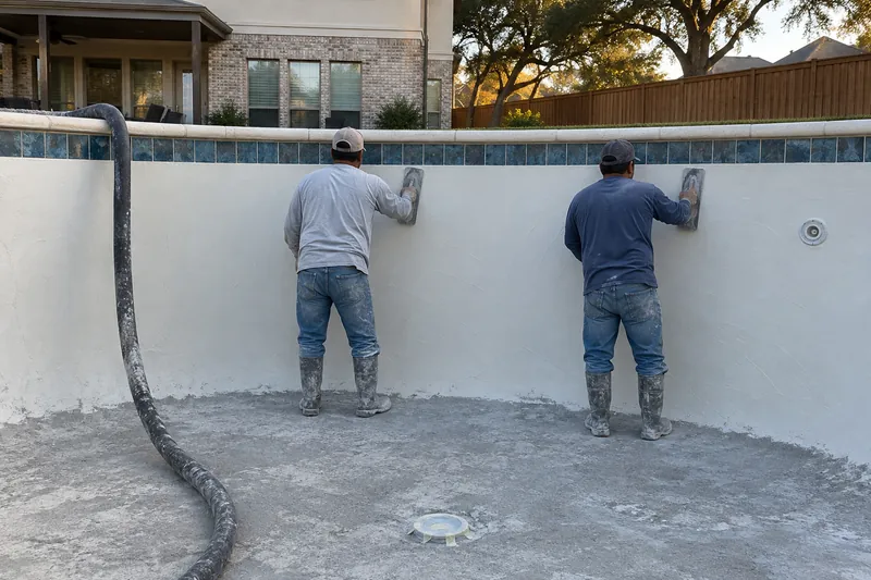 Finishers troweling fresh white plaster onto a backyard pool wall
