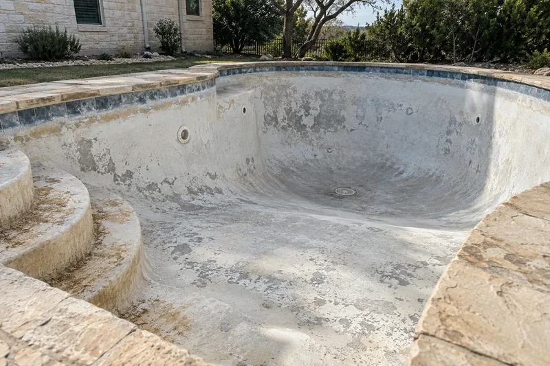 Worn, stained white plaster in an older drained pool